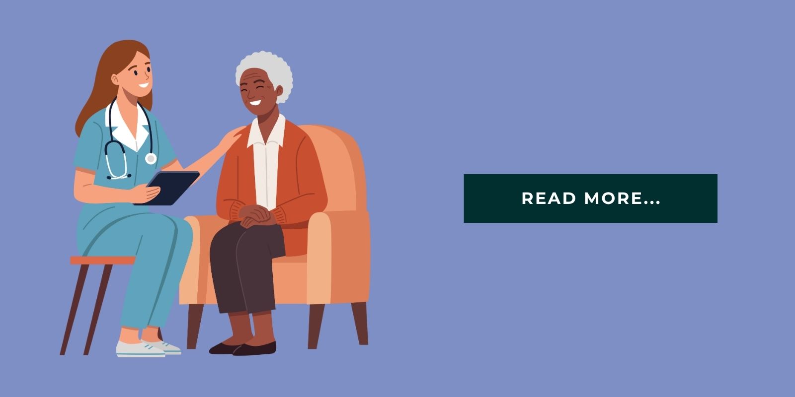 An illustration of a smiling caregiver chatting with a senior in personal care and a sign that states "Read more."