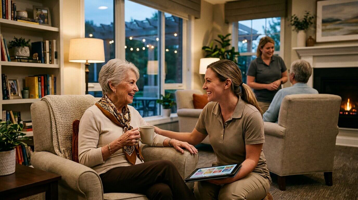 An older adult is smiling and sitting in an armchair while receiving personalized care support from a Juniper caregiver.