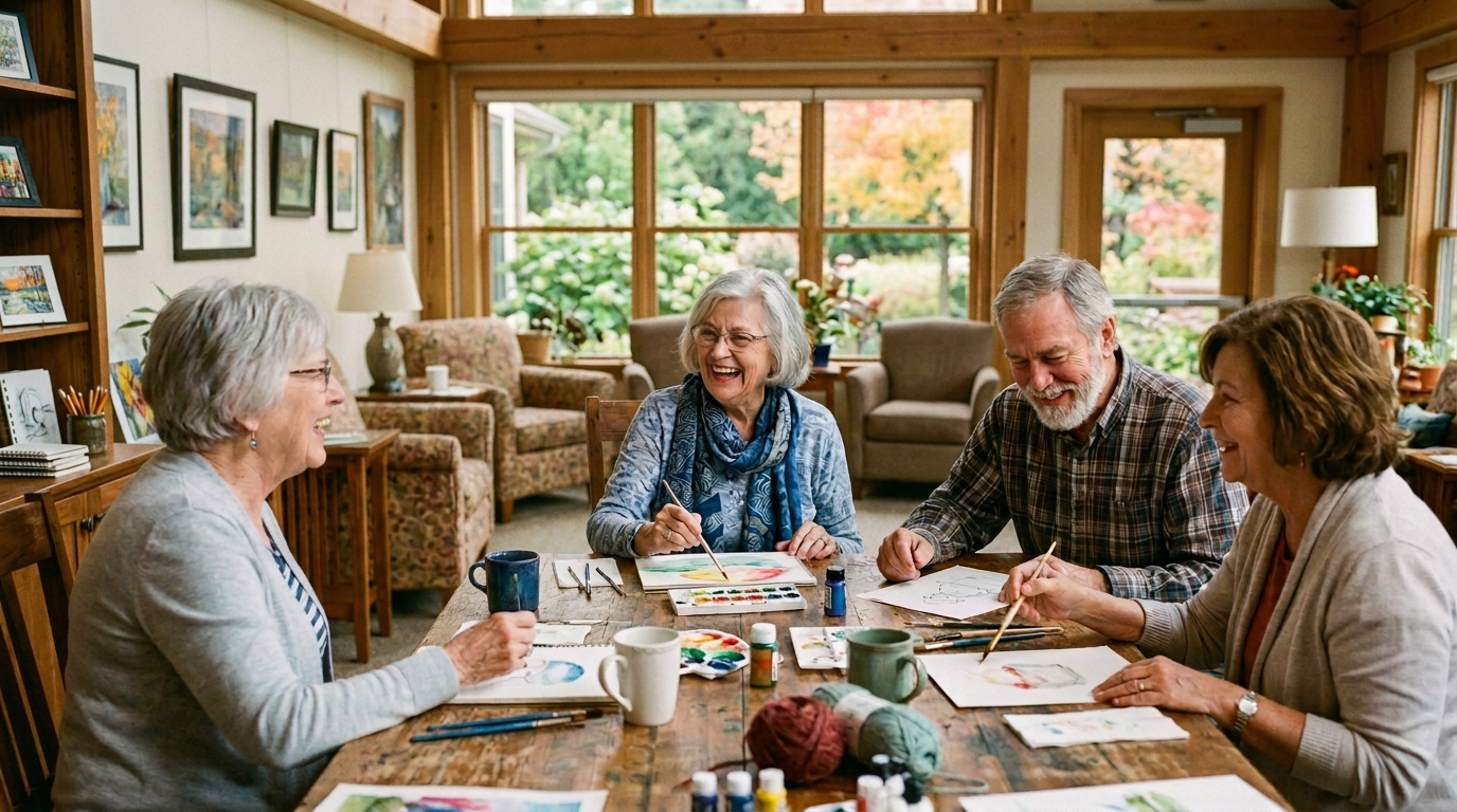 A group of older adults paint together in a senior living community.