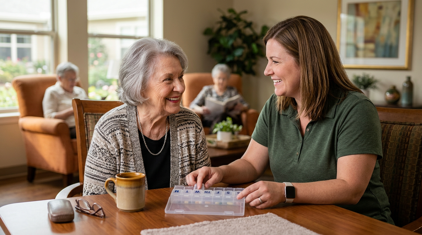 A caregiver assists an older adult with medication in a personal care community.