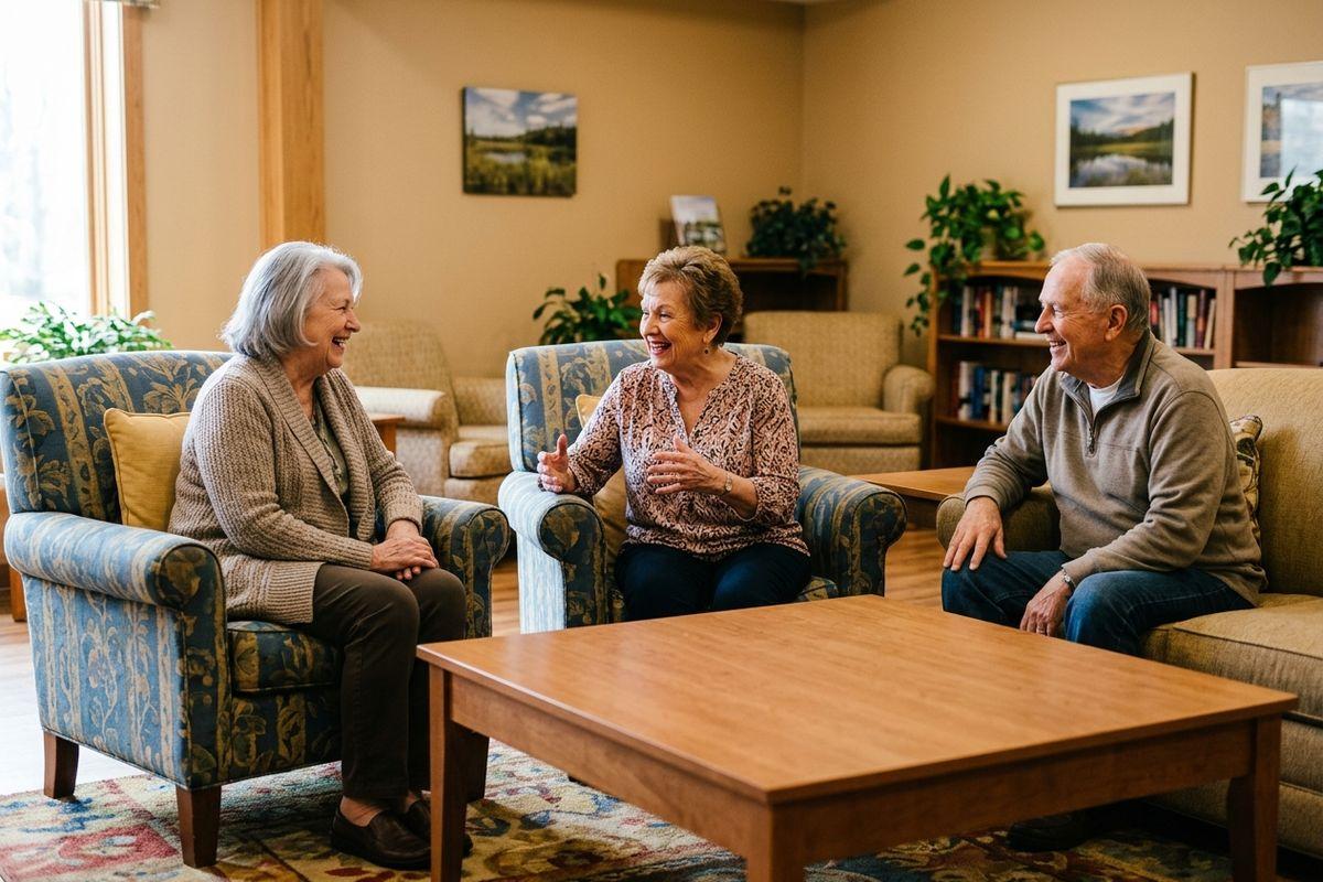 A group of older adults smiles and enjoys conversation in a comfortable common room at a senior living community.