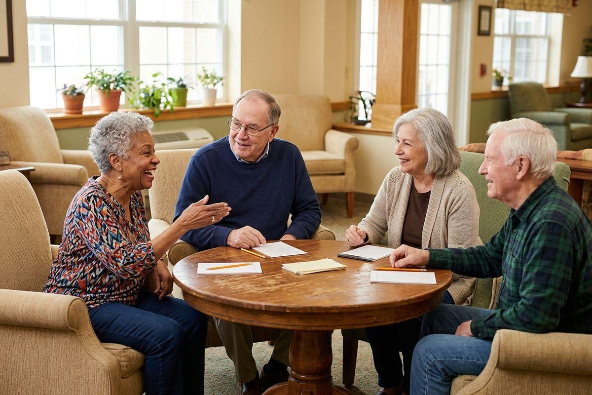 A group of older adults in a personal care community gathers around a table with notepads and pencils, enjoying conversation and an easy game.