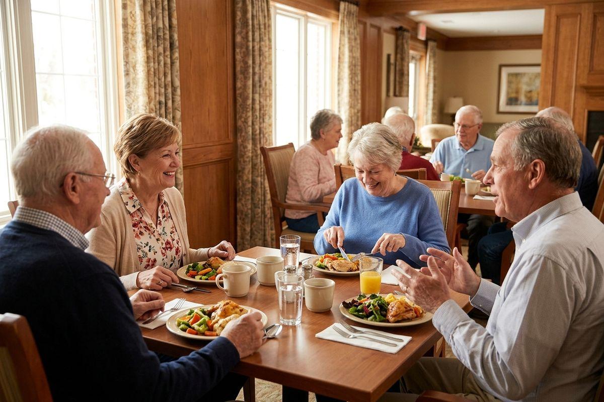 A group of older adults enjoys a meal in a senior community dining area, sharing smiles and conversation.