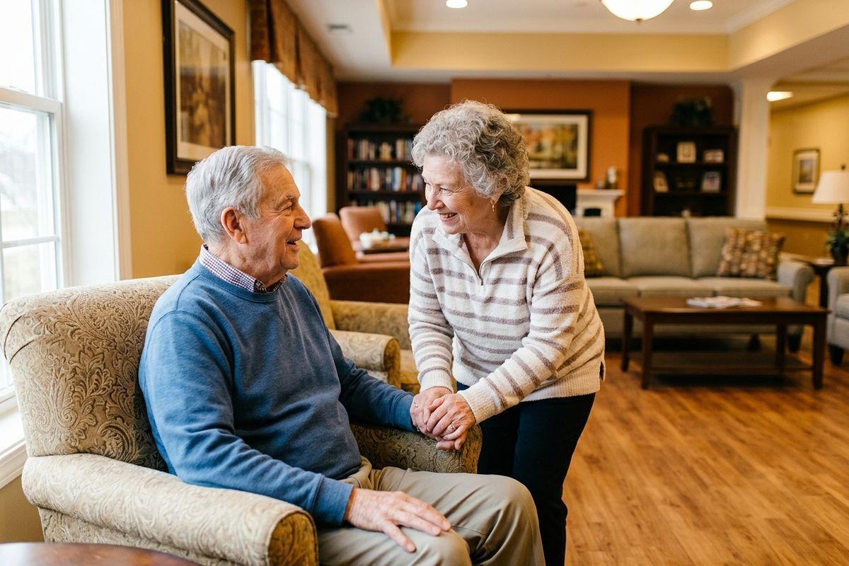A pair of smiling older adults, one sitting in a comfortable armchair and the other standing, hold hands, enjoying a day in senior living.