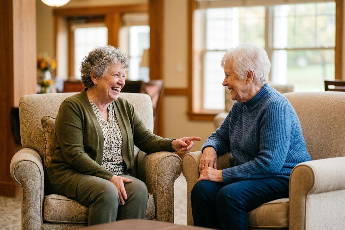 A pair of smiling older adults sits close together in comfortable armchairs in a personal care community common area.