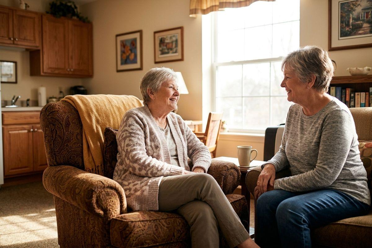 A pair of older adults in a personal care community apartment sit together, enjoying an afternoon coffee chat.