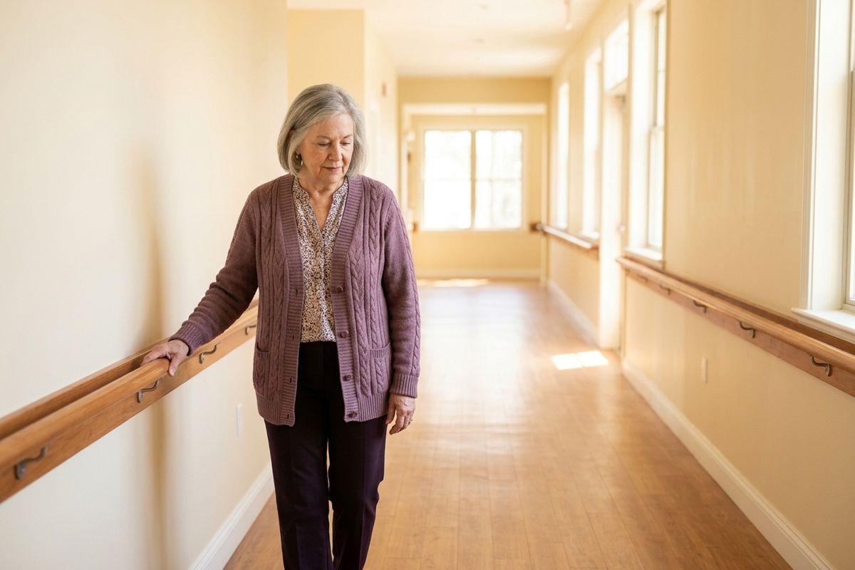 A senior in a purple cardigan walks along a bright hallway, holding a wooden handrail and looking down.