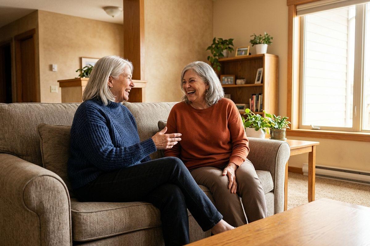 Two seniors sit together on a couch in a sunlit living room, talking and laughing, with houseplants and a bookshelf behind them.